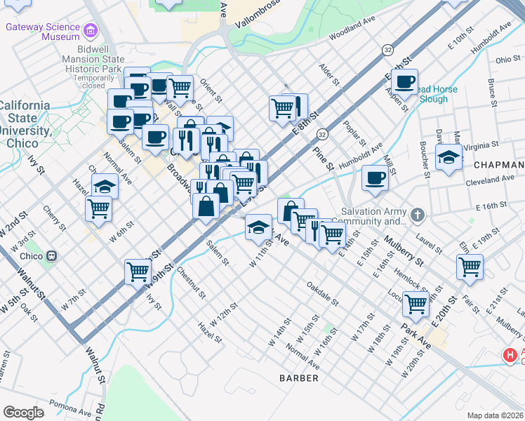 map of restaurants, bars, coffee shops, grocery stores, and more near 195 Humboldt Avenue in Chico
