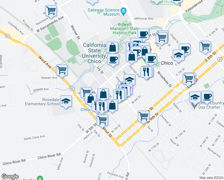 map of restaurants, bars, coffee shops, grocery stores, and more near 719 West 3rd Street in Chico