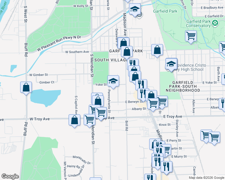 map of restaurants, bars, coffee shops, grocery stores, and more near 2800 Delaware Street in Indianapolis