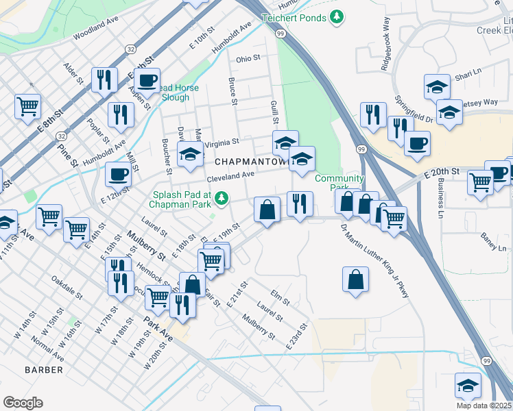 map of restaurants, bars, coffee shops, grocery stores, and more near 957 East 16th Street in Chico