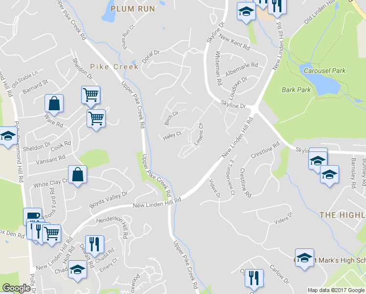 map of restaurants, bars, coffee shops, grocery stores, and more near 3407 Birch Circle in Wilmington