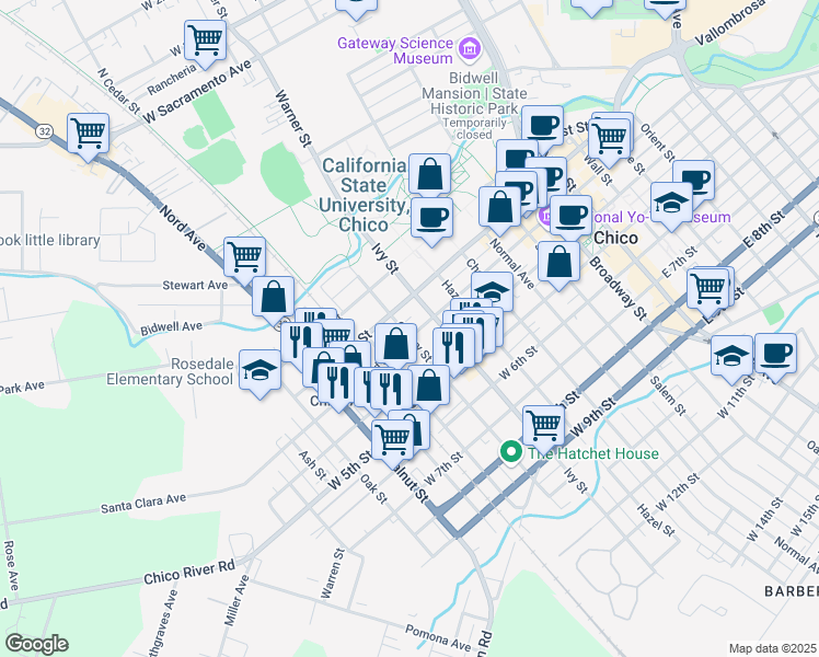 map of restaurants, bars, coffee shops, grocery stores, and more near 746 West 3rd Street in Chico