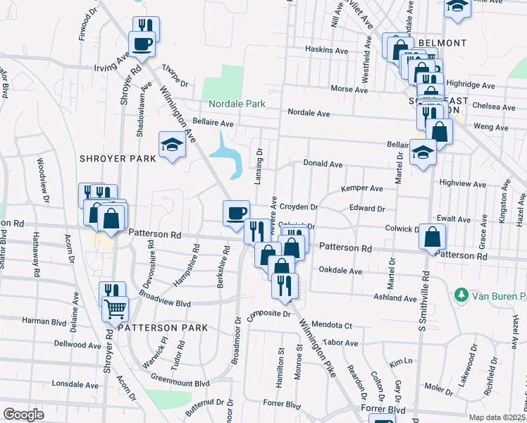 map of restaurants, bars, coffee shops, grocery stores, and more near 963 Croyden Drive in Dayton