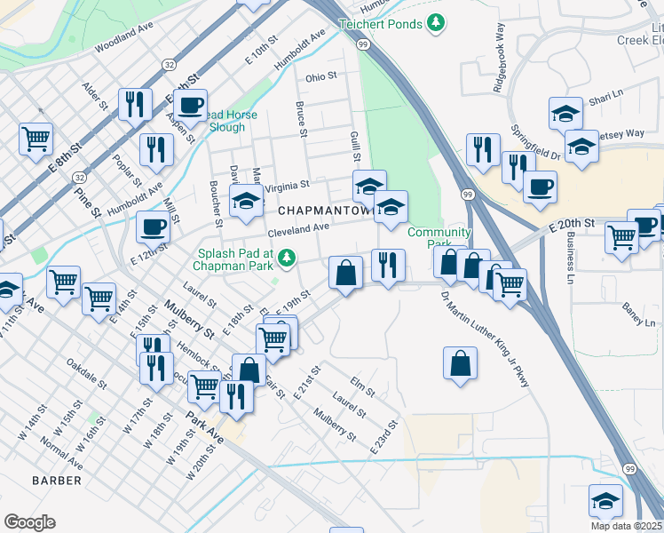 map of restaurants, bars, coffee shops, grocery stores, and more near 957 East 16th Street in Chico