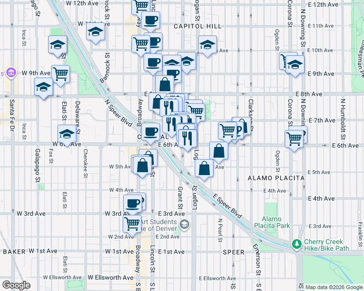 map of restaurants, bars, coffee shops, grocery stores, and more near 600 Grant Street in Denver