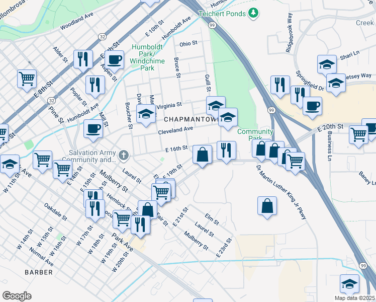 map of restaurants, bars, coffee shops, grocery stores, and more near 953 East 16th Street in Chico