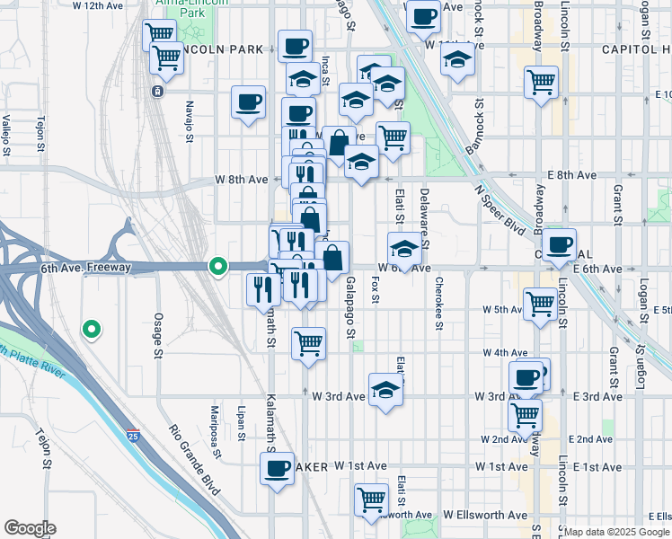 map of restaurants, bars, coffee shops, grocery stores, and more near 616 Inca Street in Denver