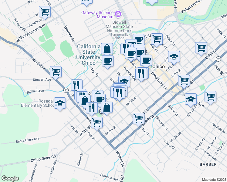 map of restaurants, bars, coffee shops, grocery stores, and more near 305 Ivy Street in Chico