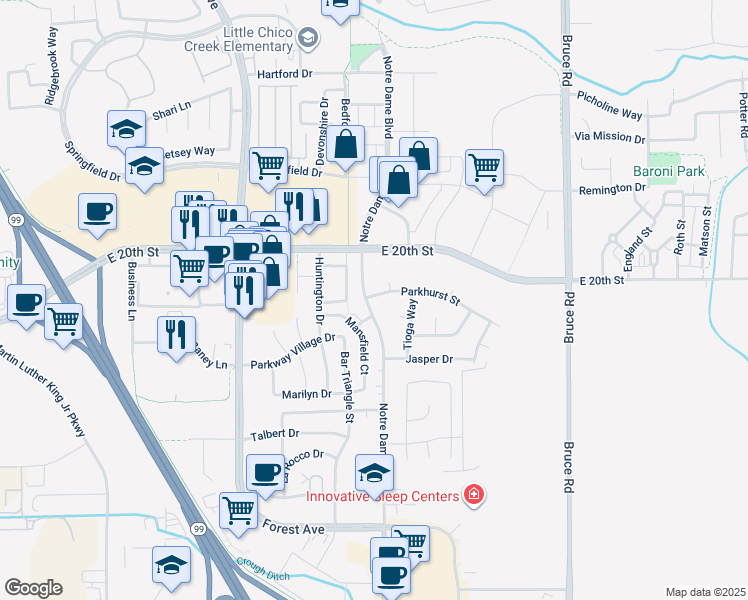 map of restaurants, bars, coffee shops, grocery stores, and more near 1 Parkhurst Street in Chico