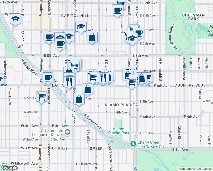 map of restaurants, bars, coffee shops, grocery stores, and more near East 6th Avenue & Clarkson Street in Denver