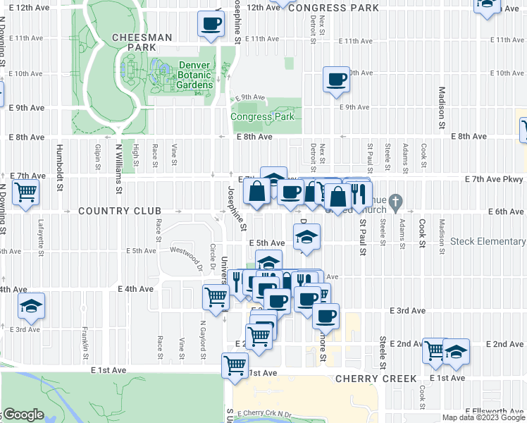 map of restaurants, bars, coffee shops, grocery stores, and more near East 6th Avenue & Columbine Street in Denver