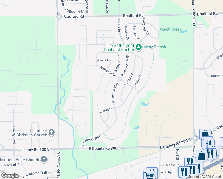 map of restaurants, bars, coffee shops, grocery stores, and more near 2562 Bluewood Way in Plainfield