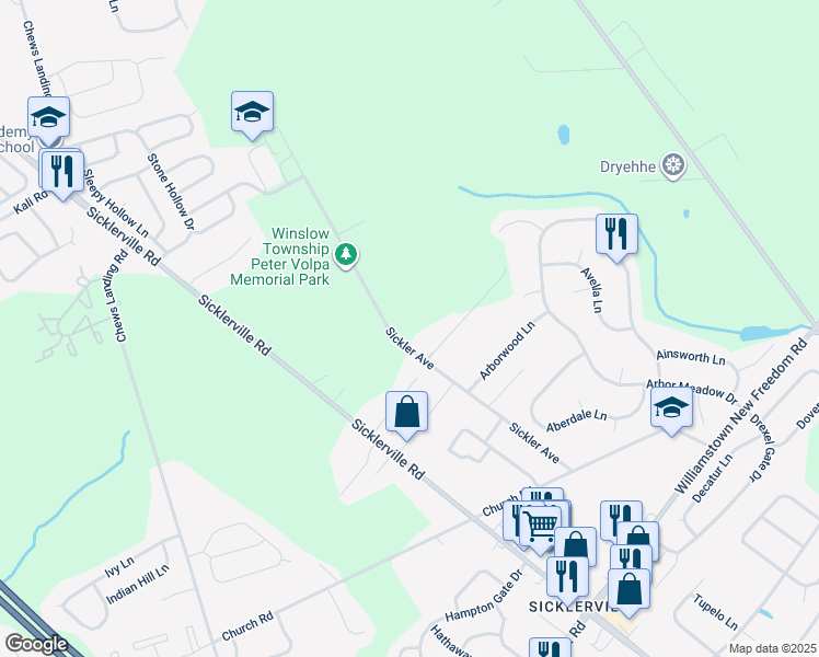 map of restaurants, bars, coffee shops, grocery stores, and more near 108 Sickler Court in Winslow Township