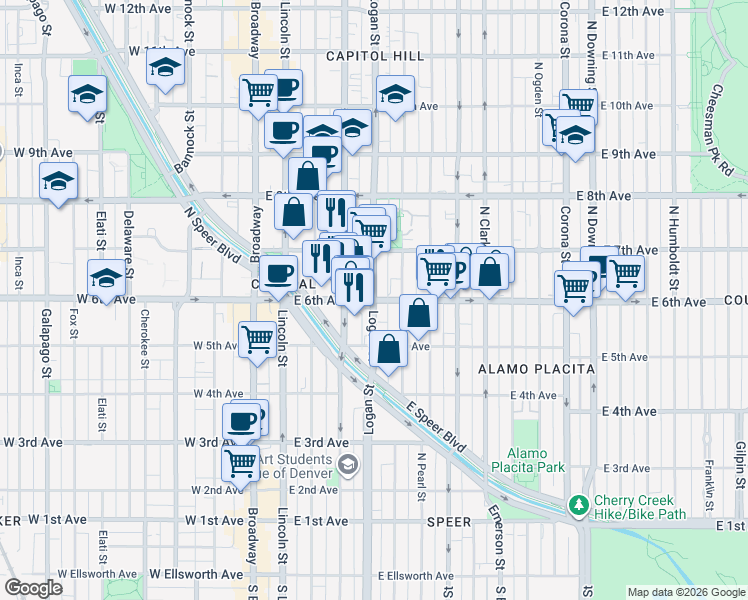 map of restaurants, bars, coffee shops, grocery stores, and more near E 6th Ave & Logan St in Denver