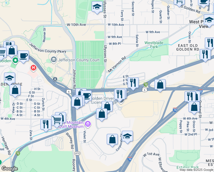 map of restaurants, bars, coffee shops, grocery stores, and more near G Street in Golden