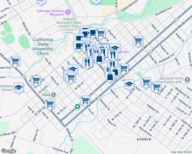 map of restaurants, bars, coffee shops, grocery stores, and more near 318 West 7th Street in Chico