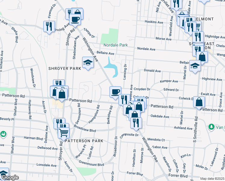 map of restaurants, bars, coffee shops, grocery stores, and more near 1053 Wilmington Avenue in Dayton