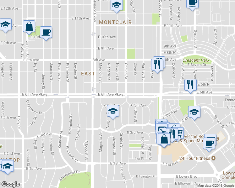 map of restaurants, bars, coffee shops, grocery stores, and more near 6801 East 6th Avenue in Denver
