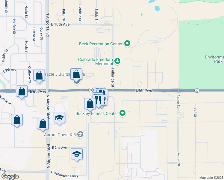 map of restaurants, bars, coffee shops, grocery stores, and more near 365 North Telluride Street in Aurora