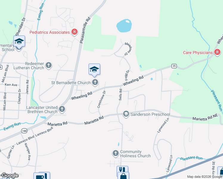 map of restaurants, bars, coffee shops, grocery stores, and more near 1411 Wheeling Road in Lancaster