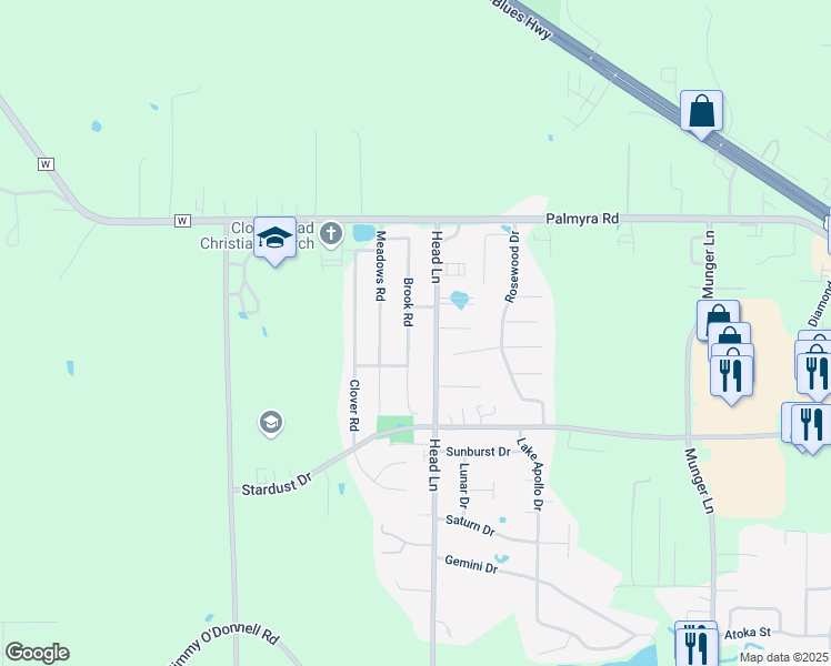 map of restaurants, bars, coffee shops, grocery stores, and more near 711 Head Lane in Hannibal