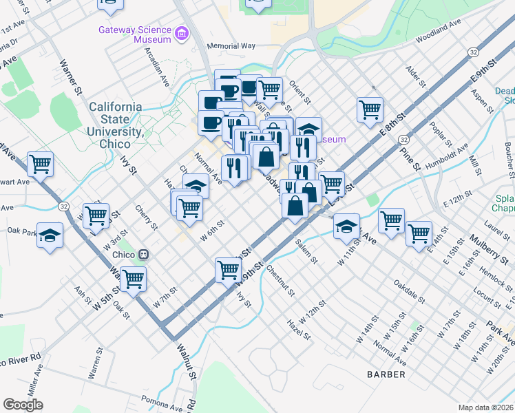 map of restaurants, bars, coffee shops, grocery stores, and more near 318 West 7th Street in Chico