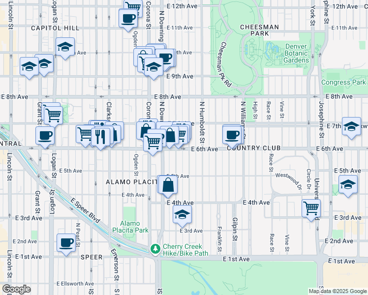 map of restaurants, bars, coffee shops, grocery stores, and more near 1365 East 6th Avenue in Denver