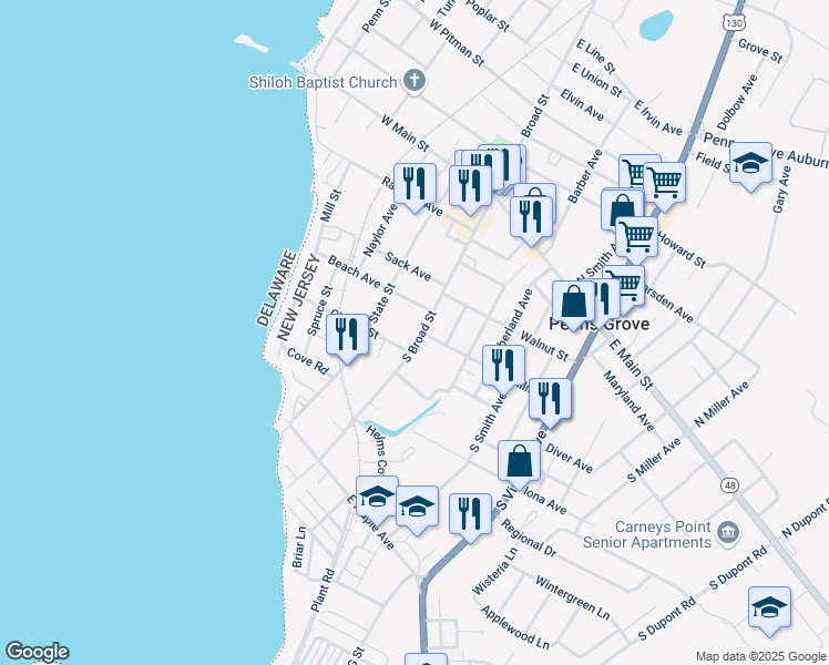 map of restaurants, bars, coffee shops, grocery stores, and more near 134 South Broad Street in Penns Grove