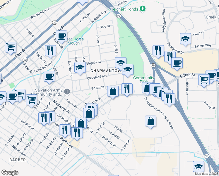 map of restaurants, bars, coffee shops, grocery stores, and more near 961 East 16th Street in Chico