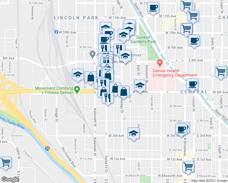 map of restaurants, bars, coffee shops, grocery stores, and more near 616 Inca Street in Denver
