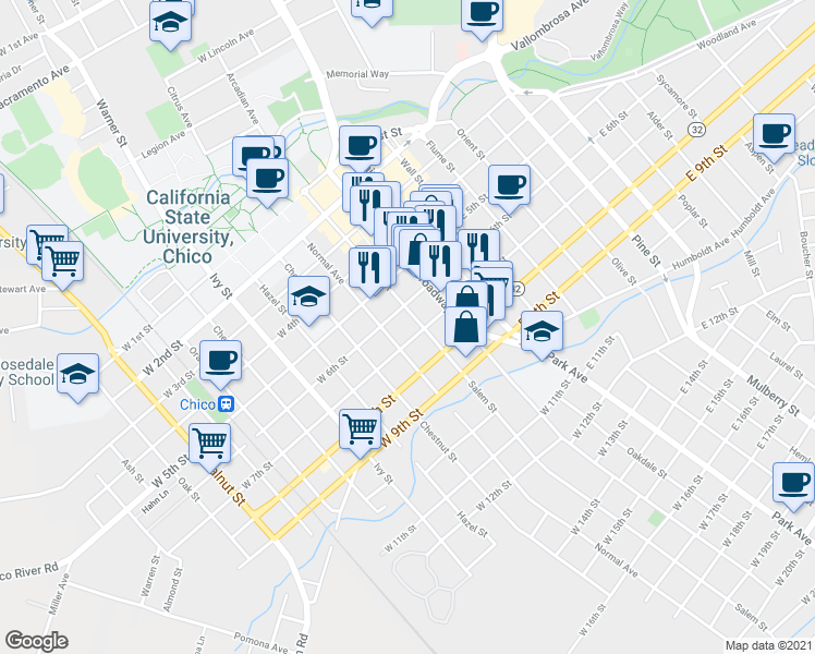 map of restaurants, bars, coffee shops, grocery stores, and more near 628 Salem Street in Chico