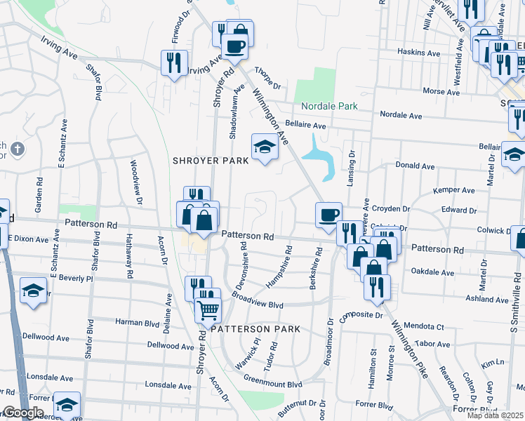map of restaurants, bars, coffee shops, grocery stores, and more near 99 Patterson Village Drive in Dayton