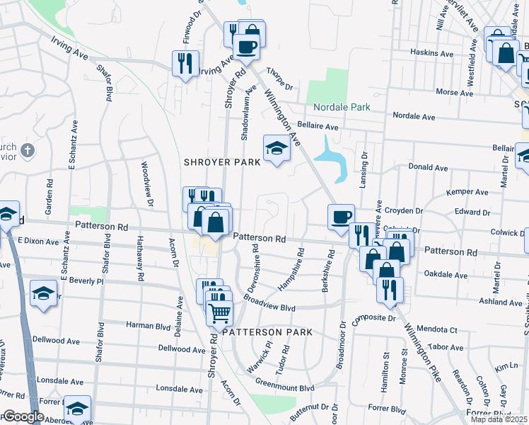 map of restaurants, bars, coffee shops, grocery stores, and more near 99 Patterson Village Drive in Dayton