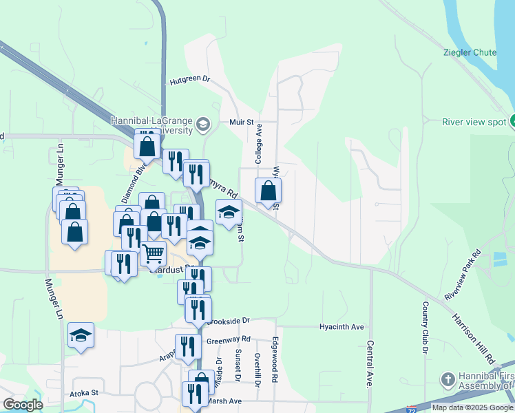 map of restaurants, bars, coffee shops, grocery stores, and more near 2506 Palmyra Road in Hannibal