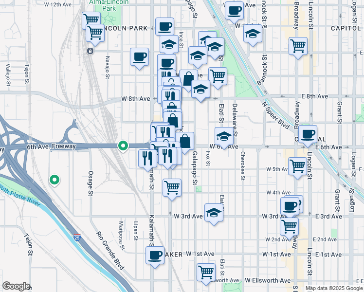 map of restaurants, bars, coffee shops, grocery stores, and more near W 6th Ave & Inca St in Denver