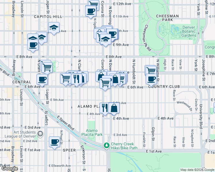 map of restaurants, bars, coffee shops, grocery stores, and more near in Denver