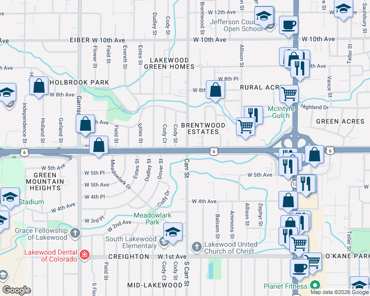 map of restaurants, bars, coffee shops, grocery stores, and more near 8401 West 6th Avenue in Lakewood