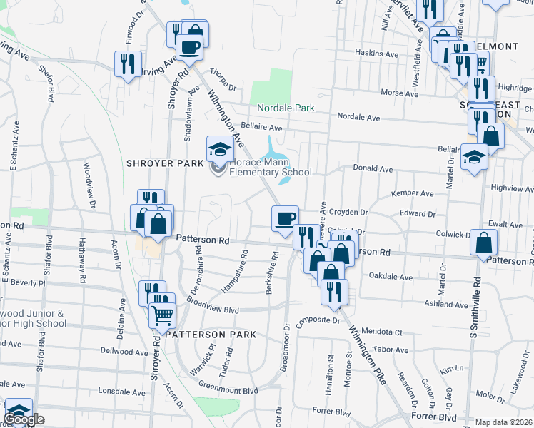 map of restaurants, bars, coffee shops, grocery stores, and more near 1053 Wilmington Avenue in Dayton