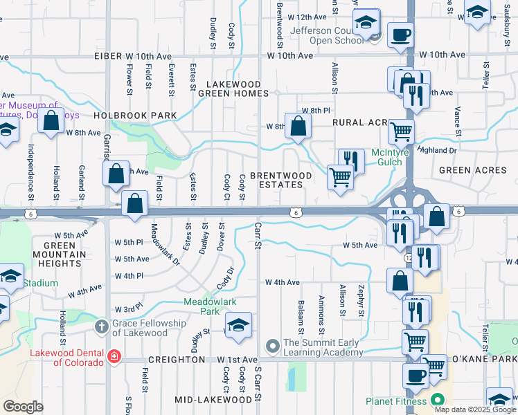 map of restaurants, bars, coffee shops, grocery stores, and more near W 6th Ave & Carr St in Lakewood