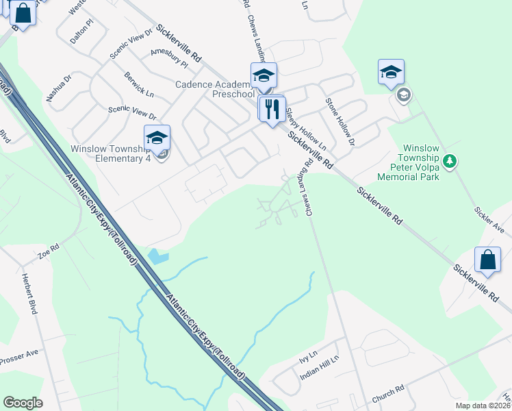 map of restaurants, bars, coffee shops, grocery stores, and more near 105 Kenwood Drive in Sicklerville
