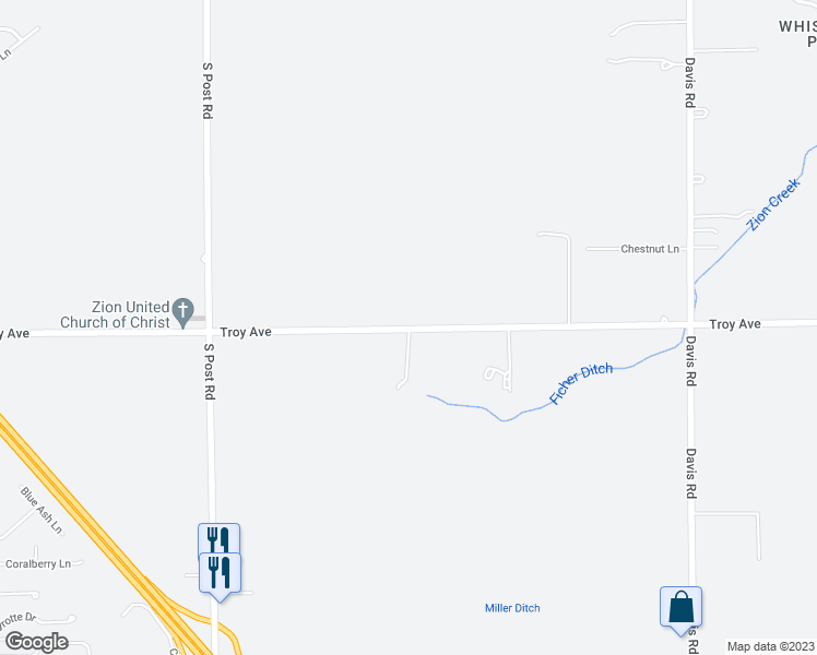 map of restaurants, bars, coffee shops, grocery stores, and more near 9405 East Troy Avenue in Indianapolis