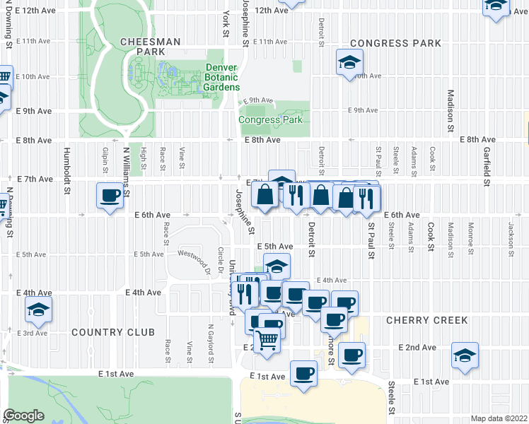 map of restaurants, bars, coffee shops, grocery stores, and more near 615 Columbine Street in Denver