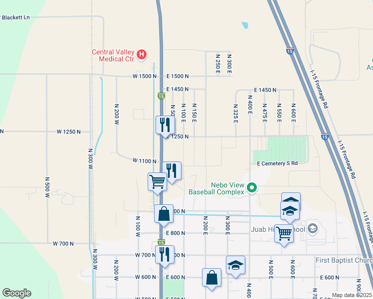 map of restaurants, bars, coffee shops, grocery stores, and more near 1188 North 100 East in Nephi