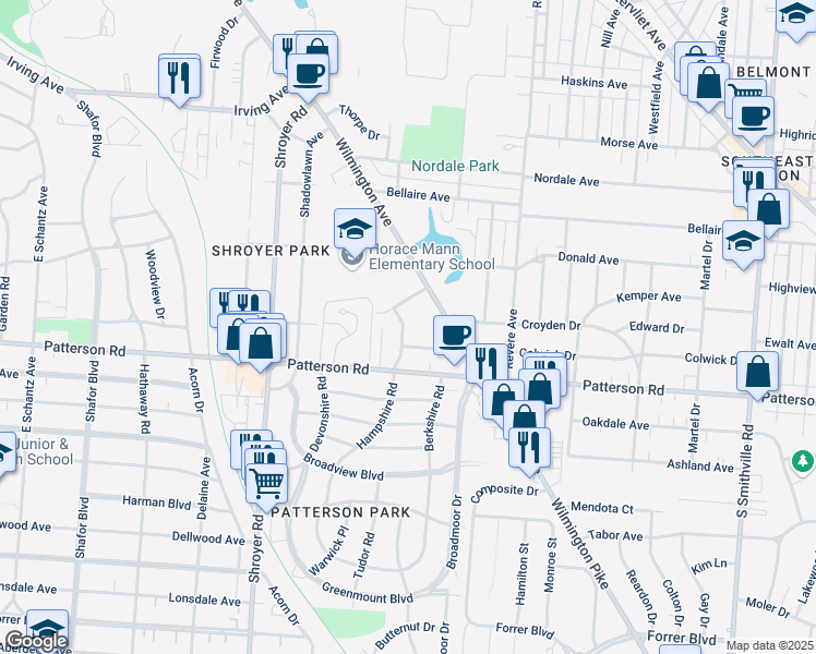 map of restaurants, bars, coffee shops, grocery stores, and more near 610 Hampshire Road in Dayton