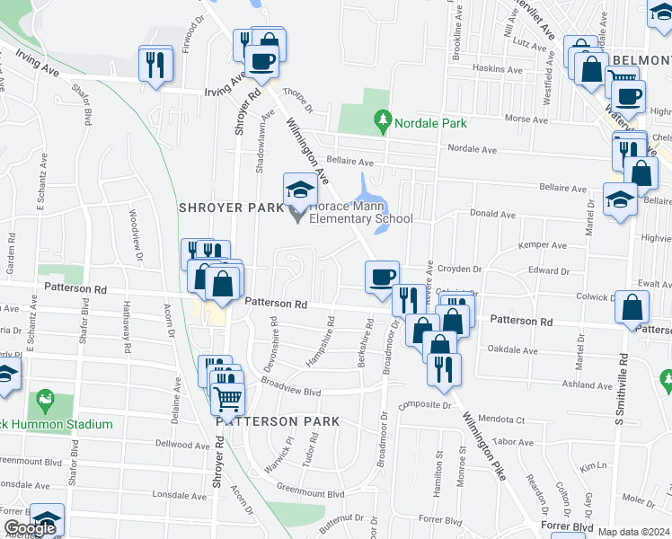 map of restaurants, bars, coffee shops, grocery stores, and more near 613 Hampshire Road in Dayton