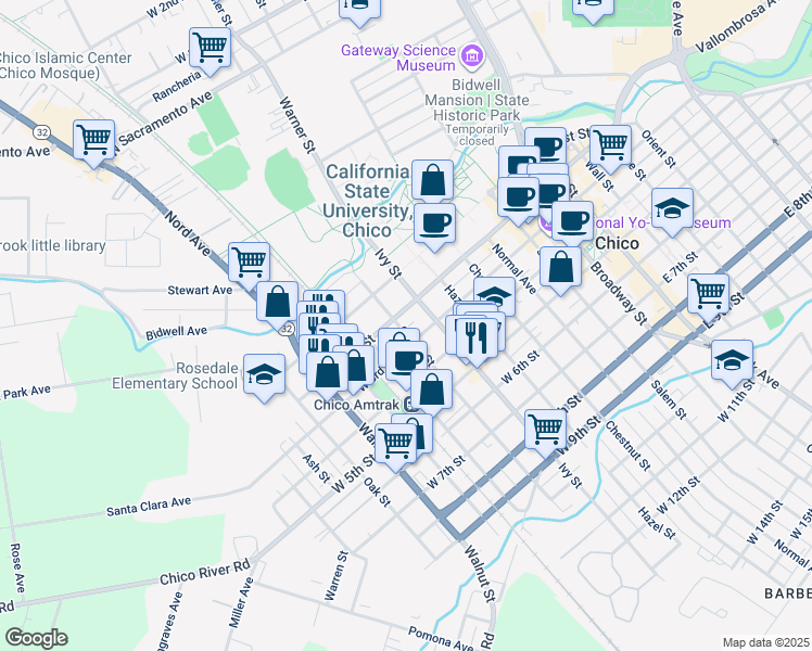 map of restaurants, bars, coffee shops, grocery stores, and more near 221 Cherry Street in Chico