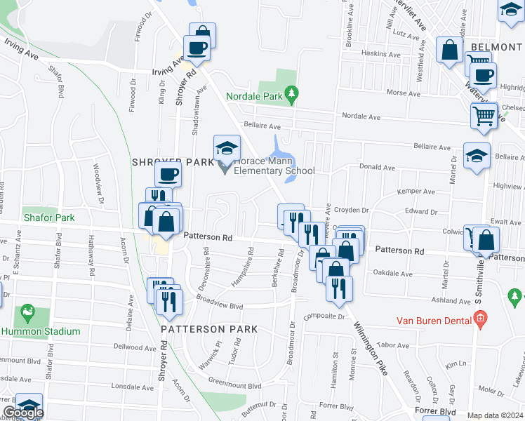 map of restaurants, bars, coffee shops, grocery stores, and more near 612 Hampshire Road in Dayton