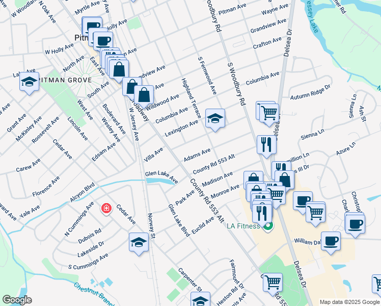 map of restaurants, bars, coffee shops, grocery stores, and more near 25 Washington Avenue in Pitman