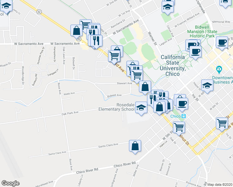 map of restaurants, bars, coffee shops, grocery stores, and more near 1236 Bidwell Avenue in Chico