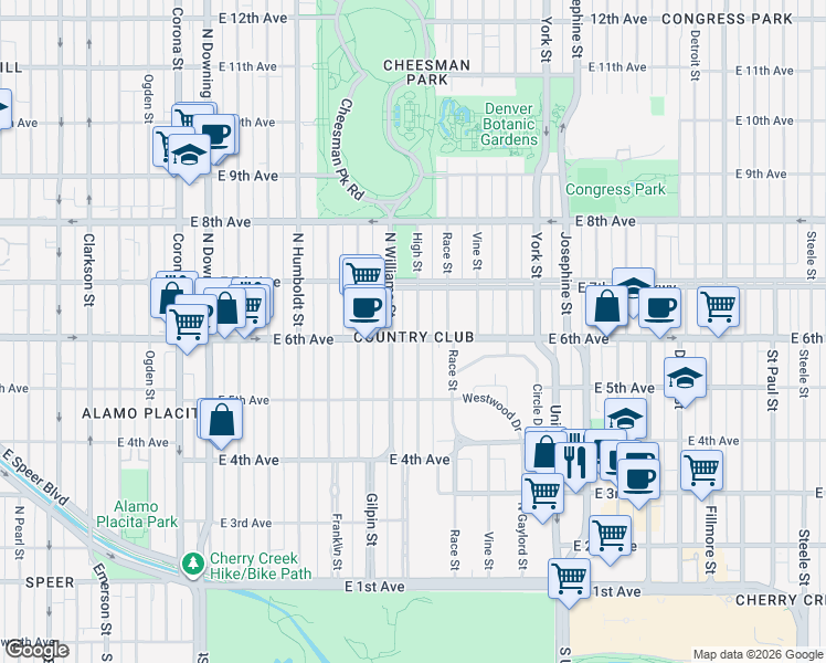 map of restaurants, bars, coffee shops, grocery stores, and more near 620 North Williams Street in Denver
